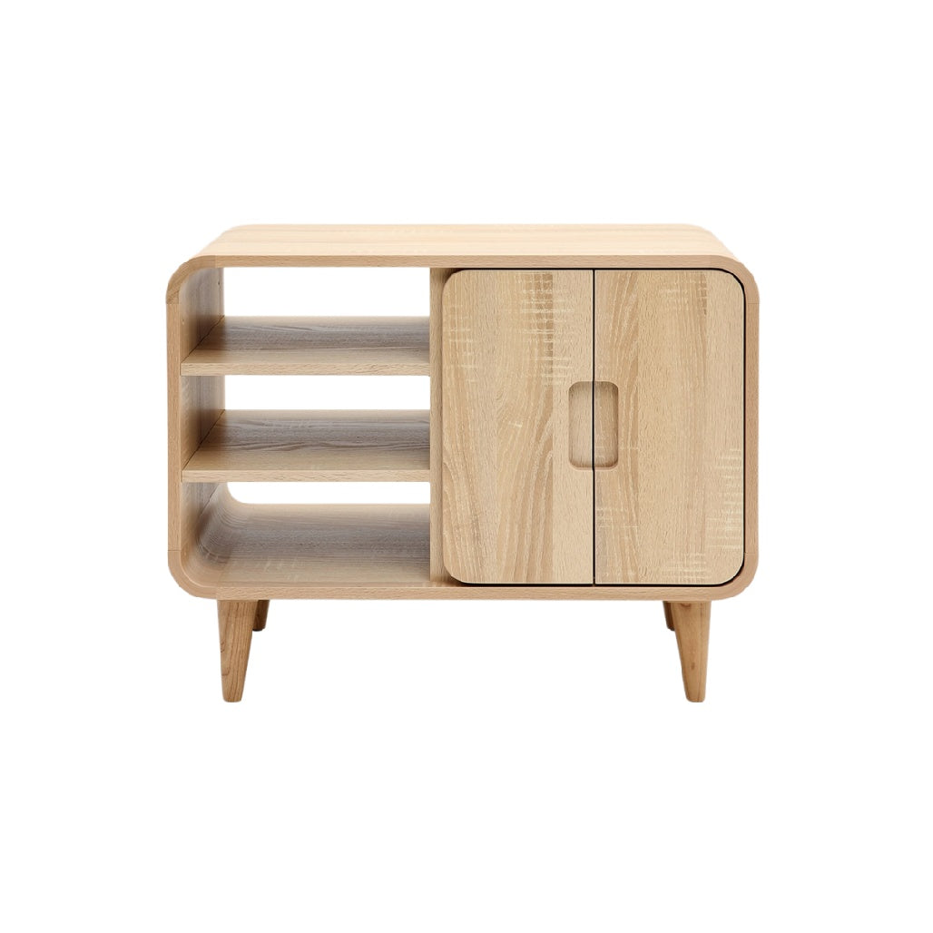 Moderne houten kast met open planken en sluitbaar vak